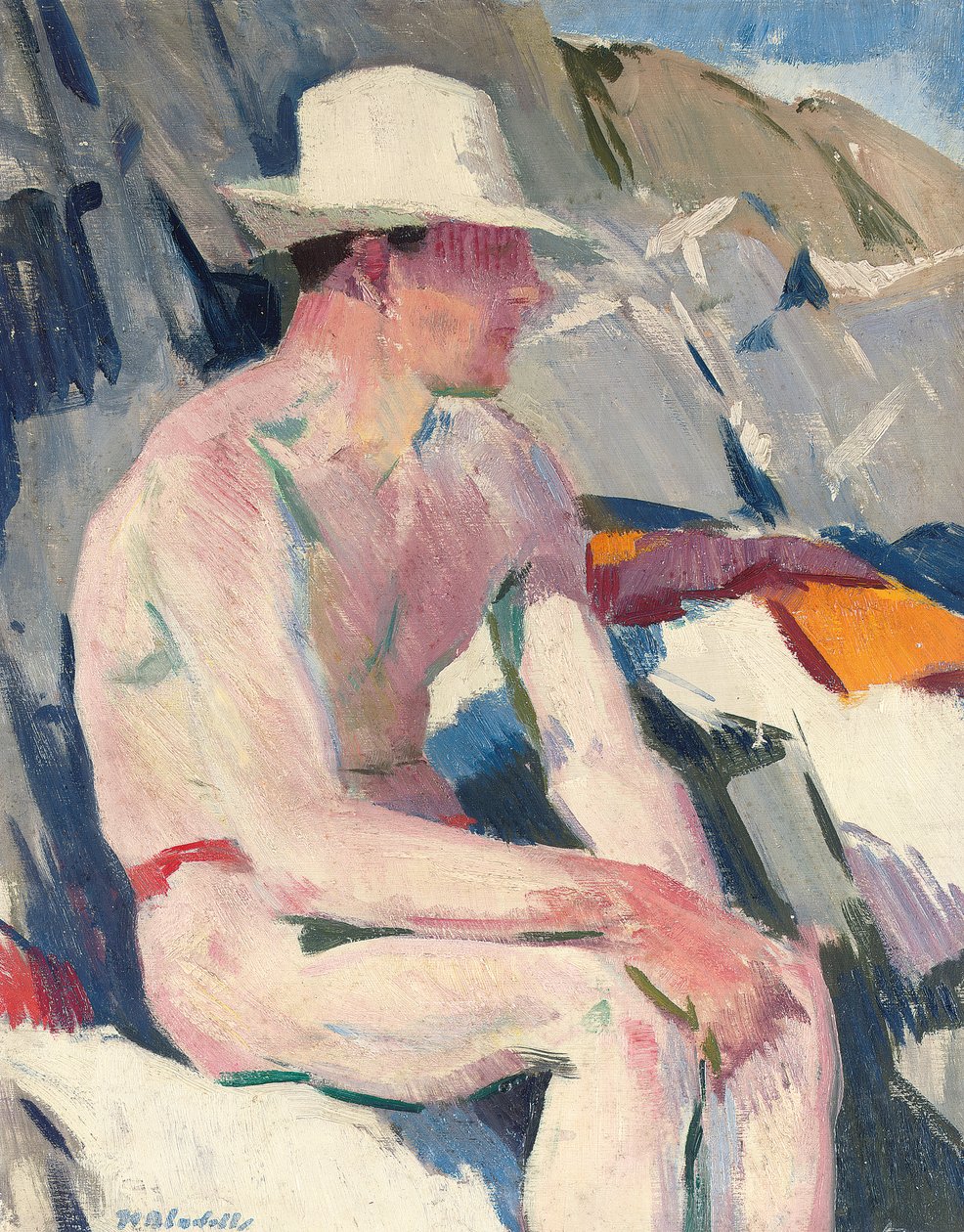 Kąpiący się w białym kapeluszu (olej na panelu) autorstwa Francis Campbell Boileau Cadell