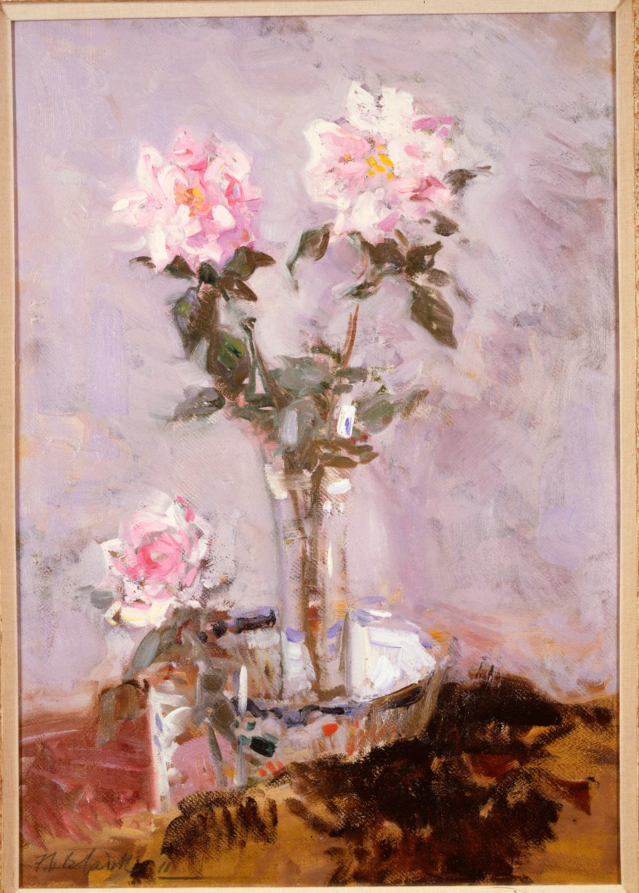 Różowe róże w szklanym wazonie autorstwa Francis Campbell Boileau Cadell