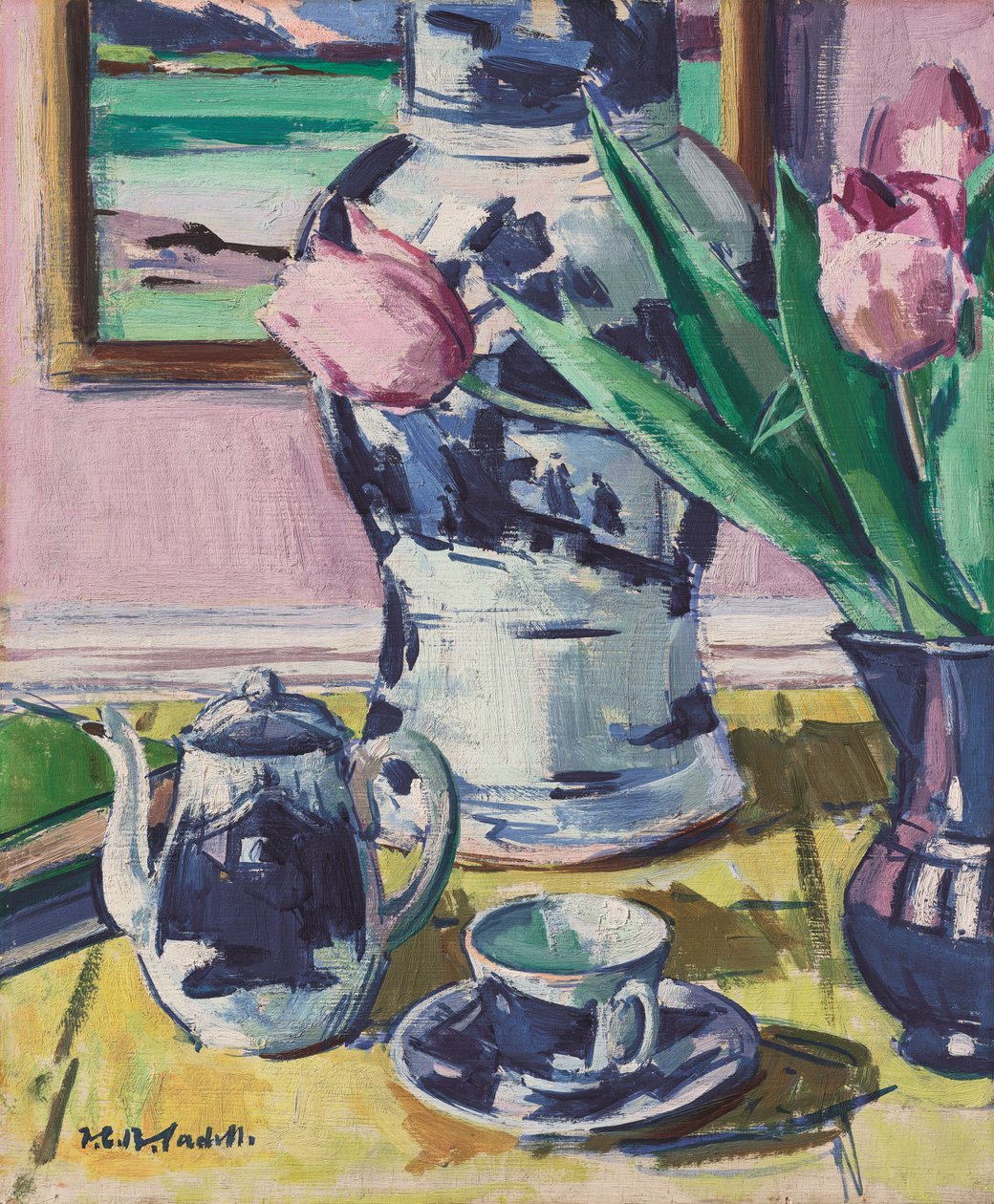 Martwa natura z tulipanami i Iona autorstwa Francis Campbell Boileau Cadell