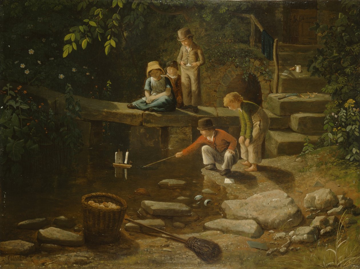 Chłopiec płynący łódką (olej na panelu) autorstwa Francis Danby