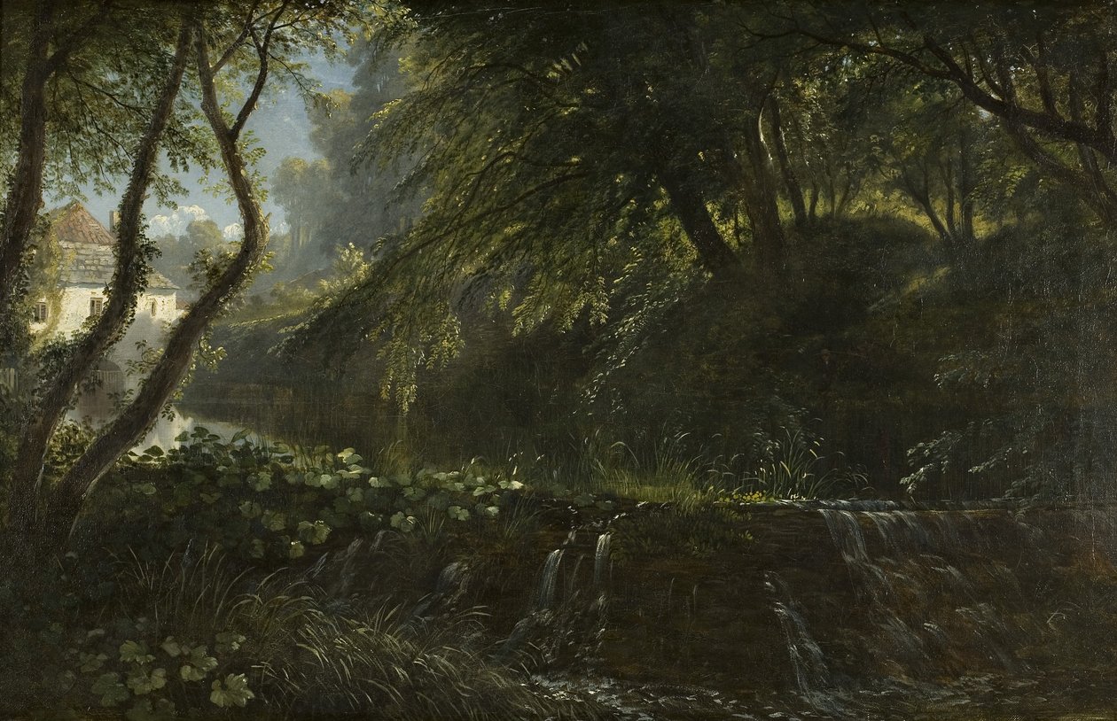 Scena na rzece z jazem i młynem, ok. 1823 r. autorstwa Francis Danby