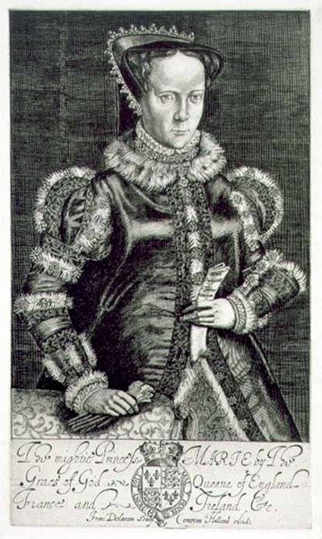 Portret Maryi I (1516-58) Trzymająca błaganie Thomasa Hongara, sztychowany przez artystę, wyd. Compton Holland (grawerunek) autorstwa Francis Delaram