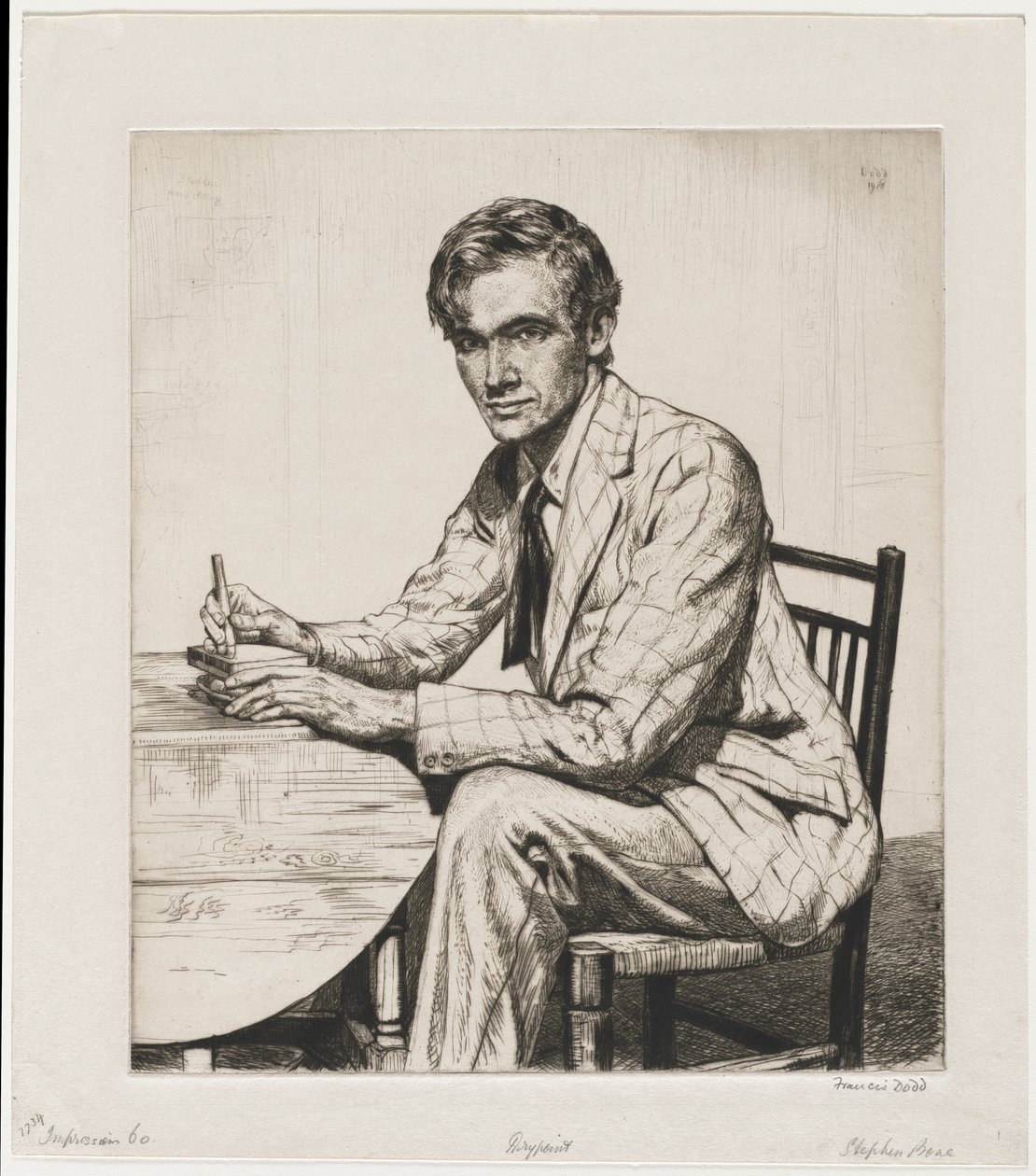 Stephen Bone tnie drewniany blok autorstwa Francis Dodd
