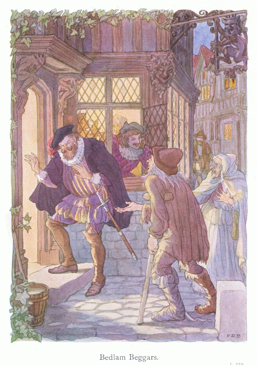 Bedlam Beggars (kolorowa litografia) autorstwa Francis Donkin Bedford