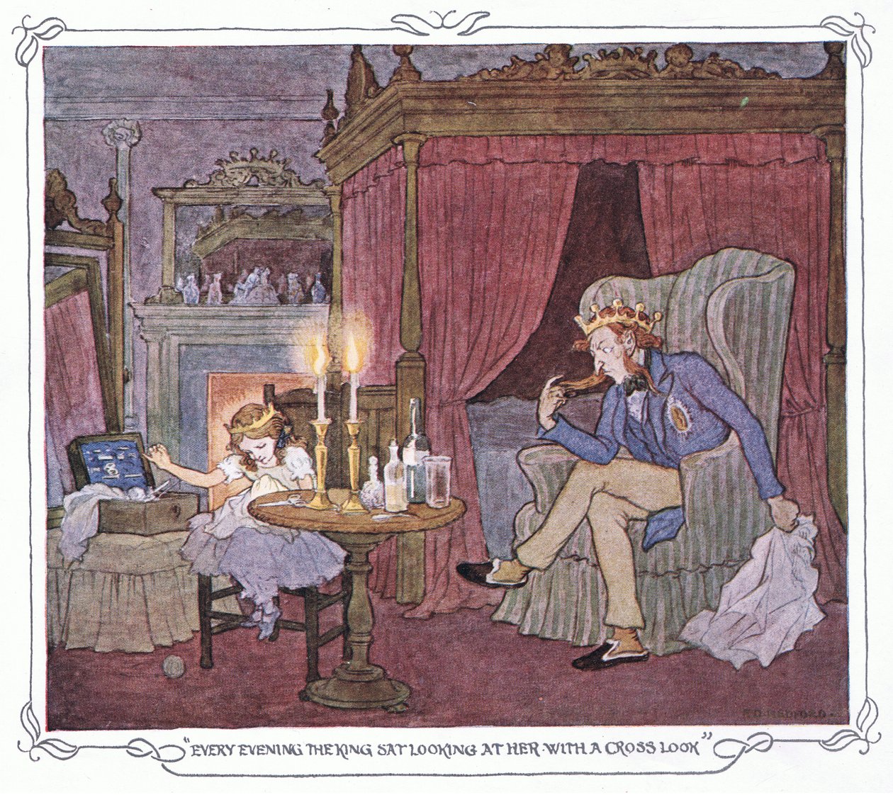 Każdego wieczoru król siedział i patrzył na nią krzyżowym wzrokiem, z The Magic Fishbone pub.by Warne  Co, ok. 1940 (kolorowa litografia) autorstwa Francis Donkin Bedford