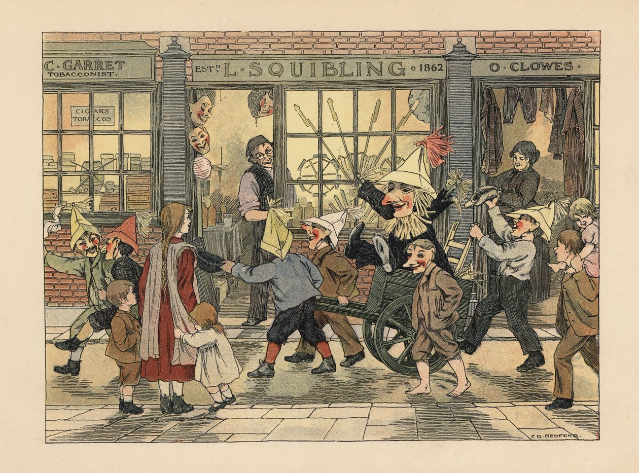Sklep z fajerwerkami - wiktoriańskie dzieci ciągnące Guya na wózku w noc Guya Fawkesa przed sklepem z fajerwerkami L. Squiblinga. Chromolitografia według ilustracji Francisa Donkina Bedforda z "The Book of Shops" Edwarda Verralla Lucasa. autorstwa Francis Donkin Bedford