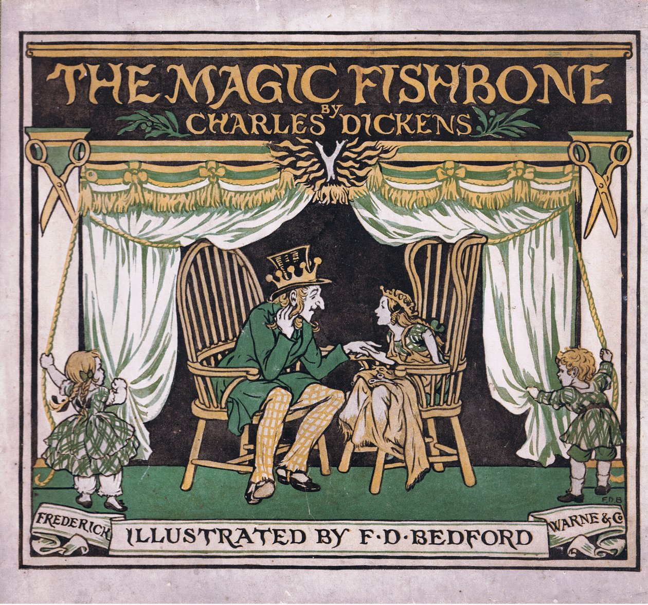 Projekt przedniej okładki z książki The Magic Fishbone wydanej przez Warne  Co, ok. 1940 r. (kolorowa litografia) autorstwa Francis Donkin Bedford