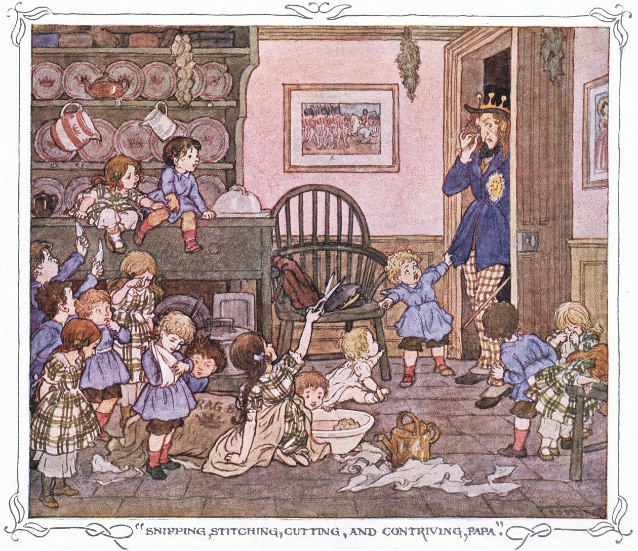 "Snipping, stitching, cutting and contriving, Papa", z książki "The Magic Fishbone" wydanej przez Warne  Co, ok. 1940 r. (kolorowa litografia) autorstwa Francis Donkin Bedford