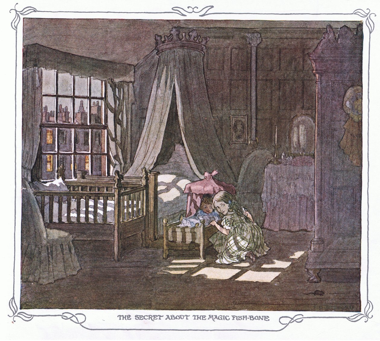 Sekret magicznej rybiej ości, z książki The Magic Fishbone wydanej przez Warne  Co, ok. 1940 r. (kolorowa litografia) autorstwa Francis Donkin Bedford