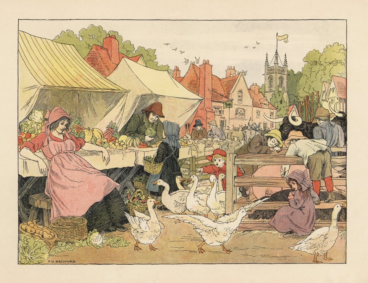 Wiktoriańskie dzieci kupujące warzywa, goniące gęsi i szturchające świnie na wiejskim targu. Chromolitografia według ilustracji Francisa Donkina Bedforda z "Księgi sklepów" Edwarda Verralla Lucasa. autorstwa Francis Donkin Bedford