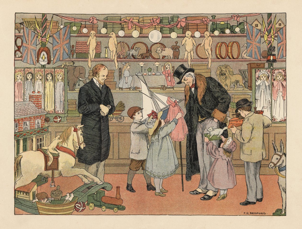 Wiktoriańskie dzieci wybierające zabawki z wujkiem w sklepie z zabawkami. Chromolitografia według ilustracji Francisa Donkina Bedforda z "The Book of Shops" Edwarda Verralla Lucasa. autorstwa Francis Donkin Bedford