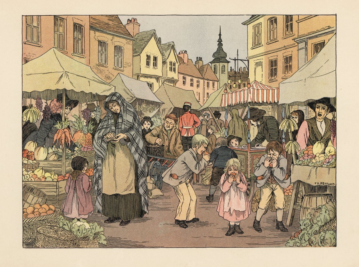 Wiktoriańskie dzieci jedzące groszowe pomarańcze ze straganów z owocami i warzywami na targu w londyńskiej dzielnicy East End. Chromolitografia według ilustracji Francisa Donkina Bedforda z "The Book of Shops" Edwarda Verralla Lucasa. autorstwa Francis Donkin Bedford
