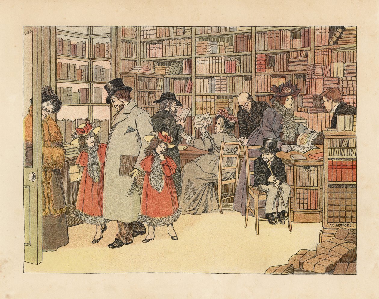 Wiktoriańscy klienci w księgarni. Chromolitografia według ilustracji Francisa Dorkina Bedforda z "The Book of Shops" Edwarda Verralla Lucasa, Grant Richards, Londyn autorstwa Francis Donkin Bedford