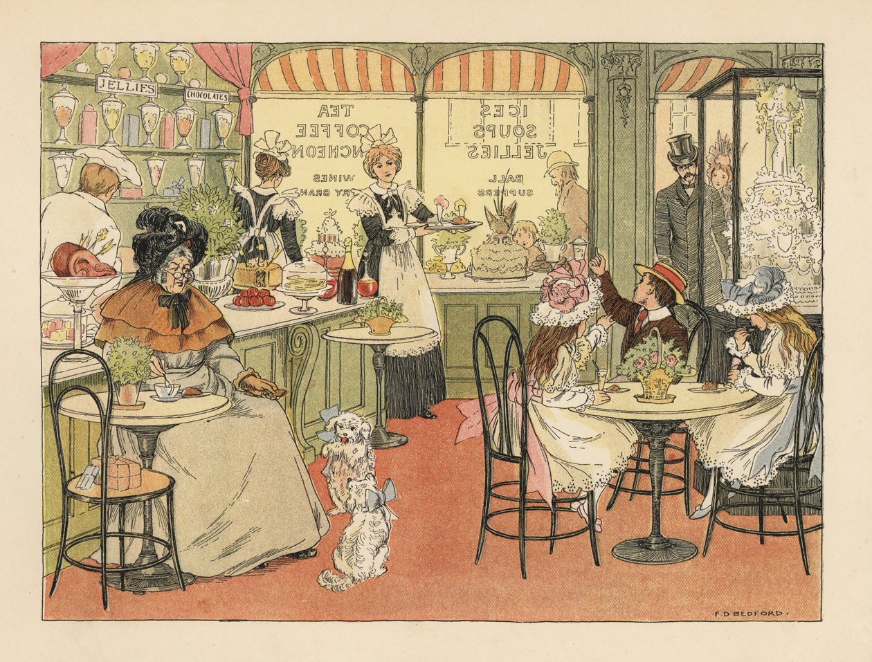 Wiktoriańscy klienci w herbaciarni i cukiernicy. Chromolitografia według ilustracji Francisa Donkina Bedforda z "The Book of Shops" Edwarda Verralla Lucasa. autorstwa Francis Donkin Bedford