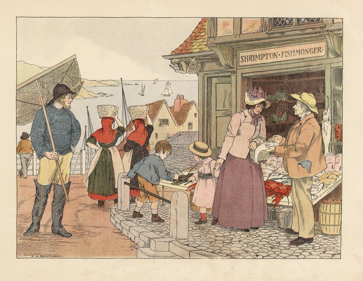 Wiktoriański sklep rybny w pobliżu nabrzeża. Rybak w butach z siecią i rybaczki w trampkach. Chromolitografia na podstawie ilustracji Francisa Donkina Bedforda z "The Book of Shops" Edwarda Verralla Lucasa. autorstwa Francis Donkin Bedford