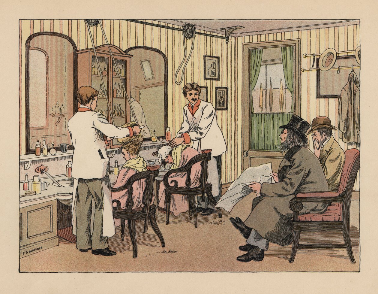 Wiktoriańscy panowie myjący włosy szamponem i poddawani zabiegom fryzjerskim w zakładzie fryzjerskim. Chromolitografia na podstawie ilustracji Francisa Donkina Bedforda z "The Book of Shops" Edwarda Verralla Lucasa. autorstwa Francis Donkin Bedford