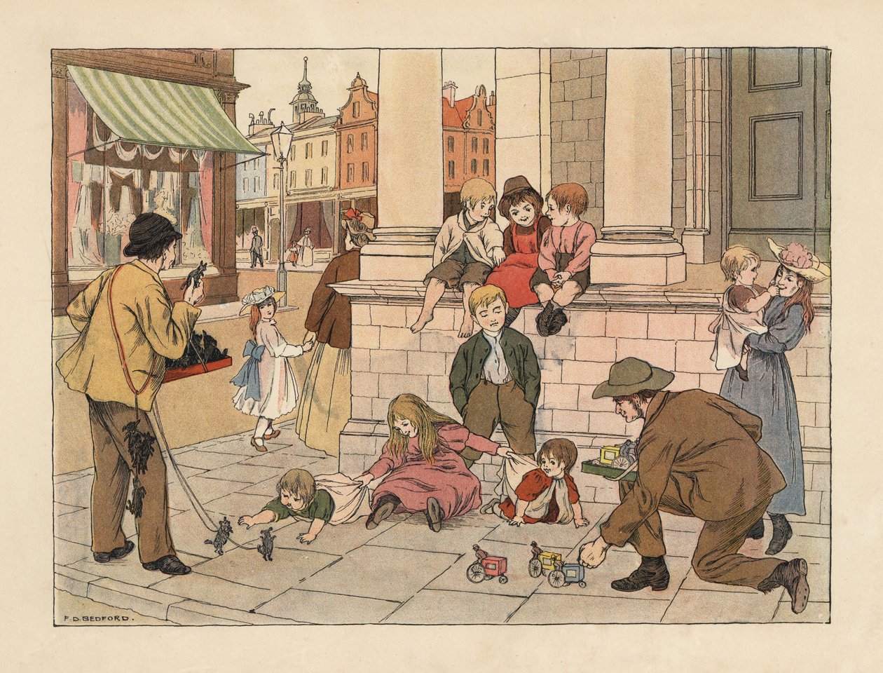 Wiktoriańscy handlarze sprzedający dzieciom zabawki za grosze na londyńskiej ulicy. Chromolitografia na podstawie ilustracji Francisa Donkina Bedforda z "The Book of Shops" Edwarda Verralla Lucasa. autorstwa Francis Donkin Bedford