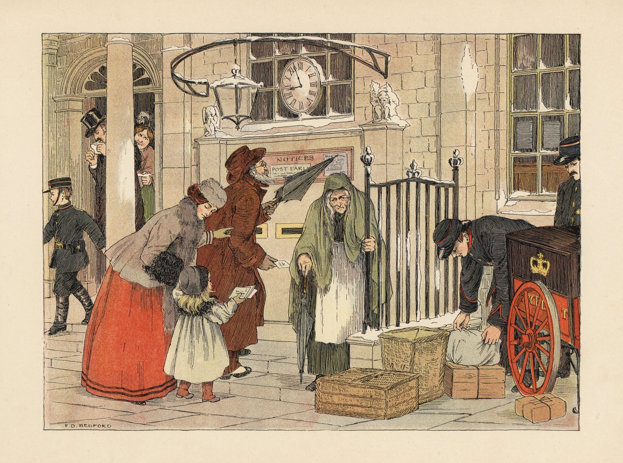 Wiktoriańscy ludzie nadający listy na poczcie w okolicach Bożego Narodzenia. Chromolitografia na podstawie ilustracji Francisa Donkina Bedforda z "The Book of Shops" Edwarda Verralla Lucasa. autorstwa Francis Donkin Bedford