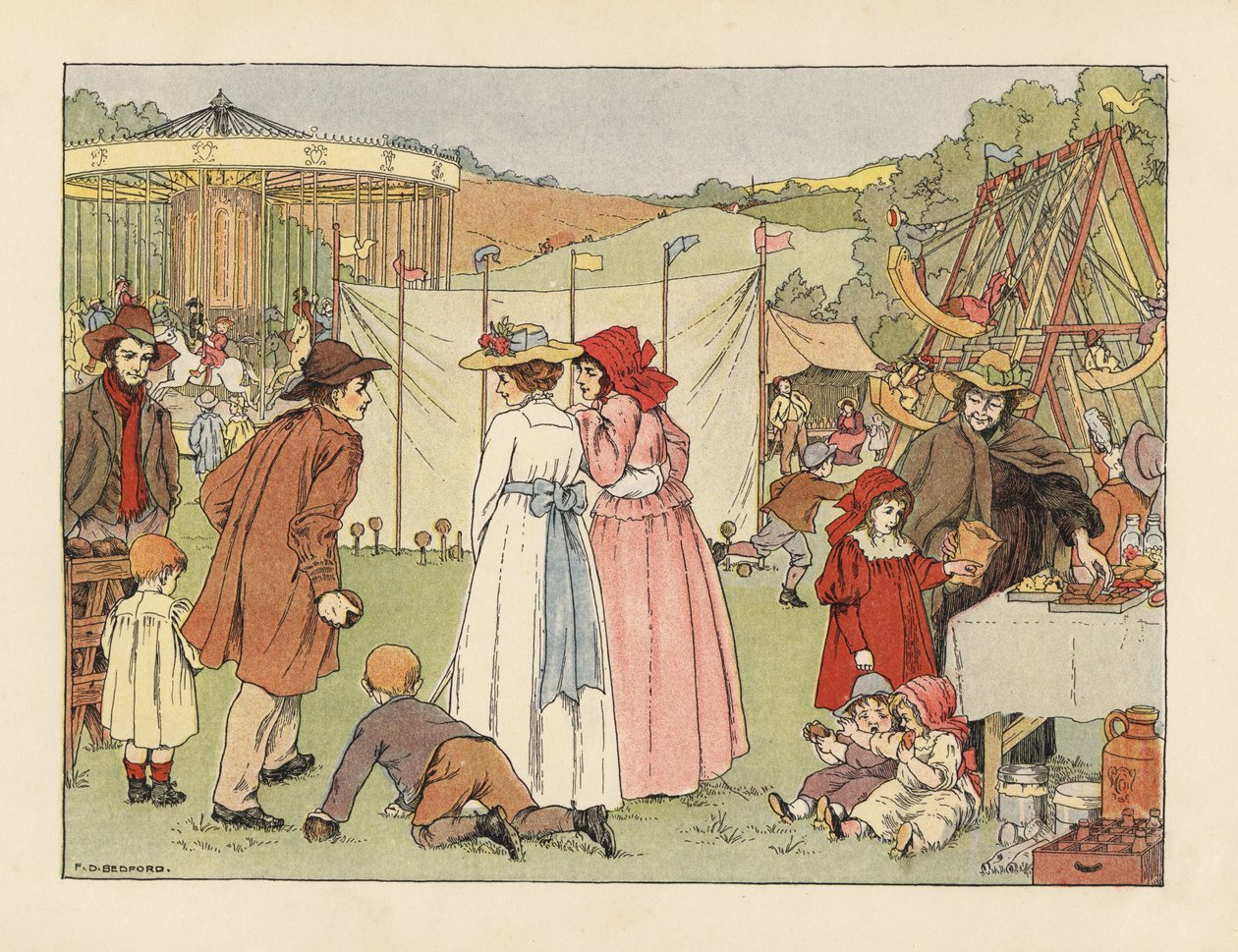 Wiktoriańska młodzież w nieśmiałym kokosie, dzieci na huśtawkach i karuzeli na wiejskim jarmarku. Chromolitografia według ilustracji Francisa Donkina Bedforda z "The Book of Shops" Edwarda Verralla Lucasa. autorstwa Francis Donkin Bedford