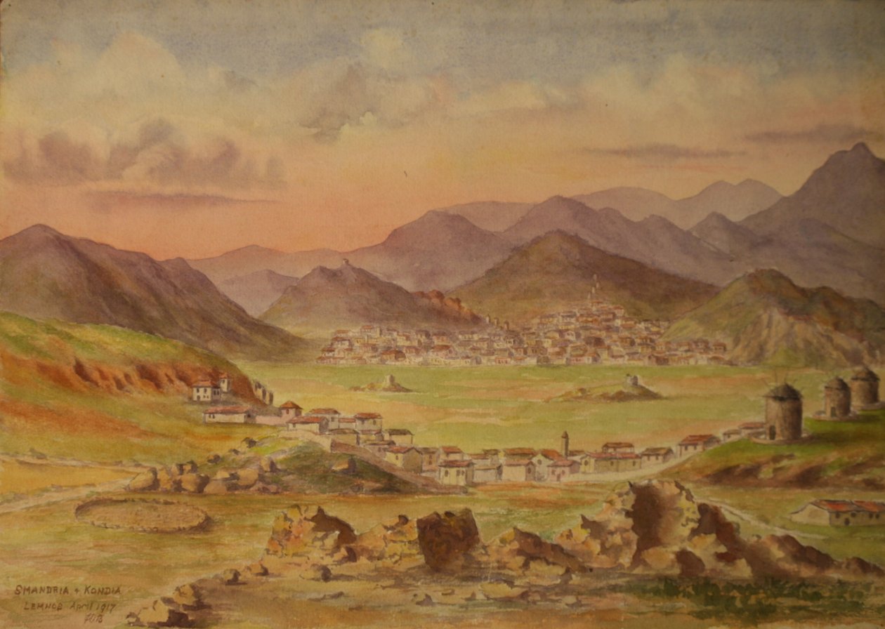 Widok Smandrii i Kondii na wyspie Lemnos, Grecja, kwiecień 1917 (akwarela na papierze) autorstwa Francis Doveton Bridges