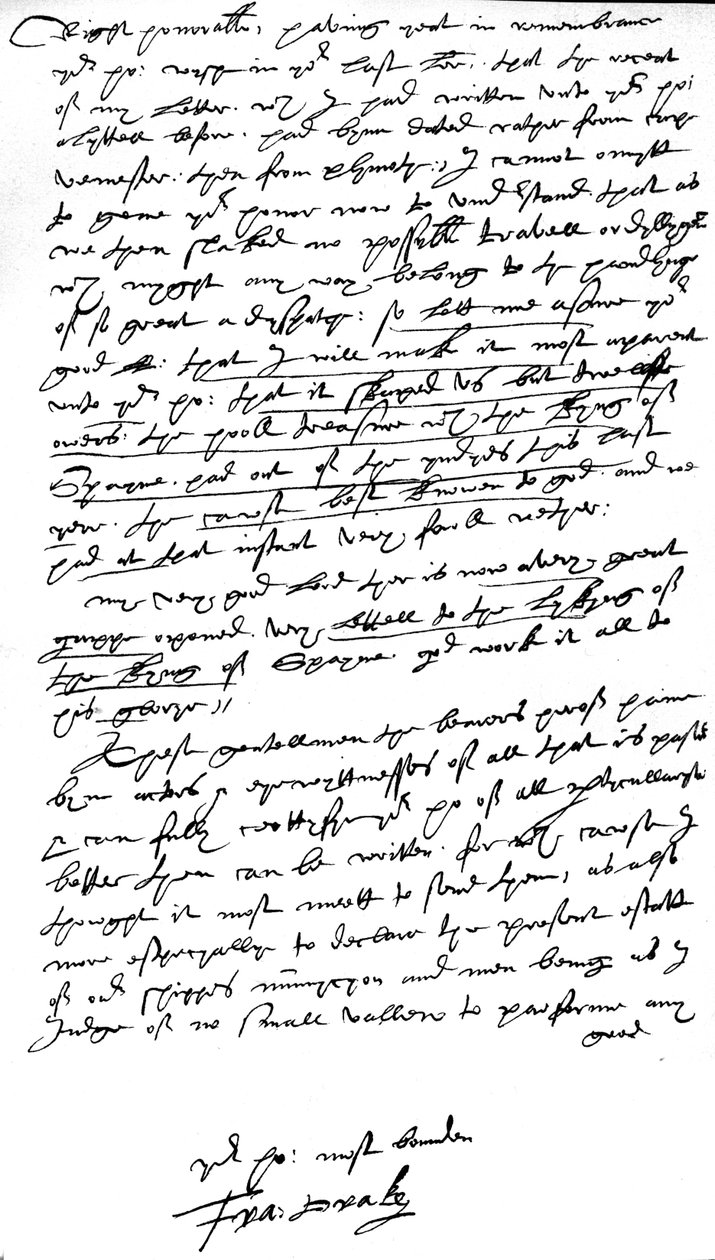 List do Williama Cecila, Lorda Burghleya, Lorda Wysokiego Skarbnika, napisany na pokładzie jego okrętu flagowego "Elizabeth Bonaventure" w Plymouth, 26 lipca 1586 r. (pióro i atrament na papierze) autorstwa Francis Drake