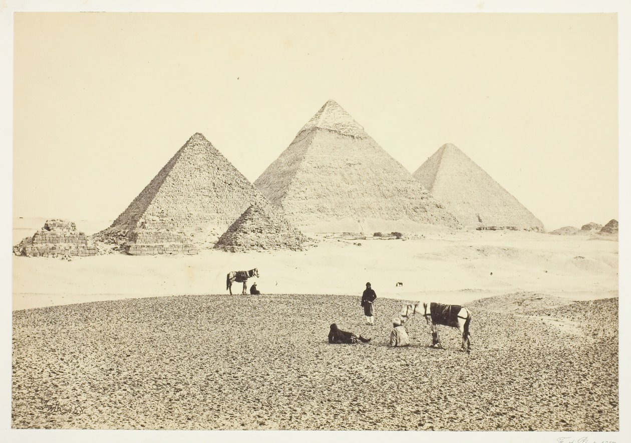 Piramidy El Geezeh, od południowego zachodu, 1857. autorstwa Francis Frith