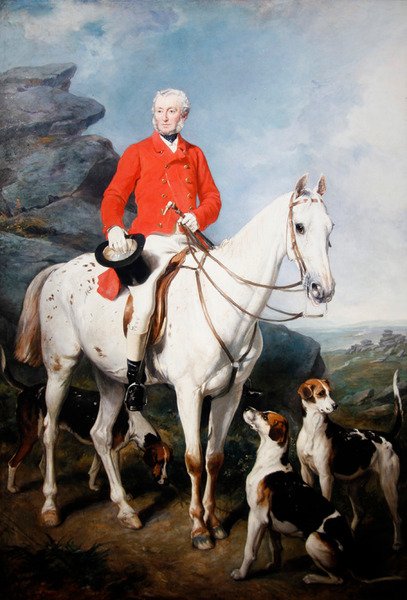 Portret Charlesa Trelawny, Esq., mistrza polowania na Dartmoor, na jego ulubionym myśliwym Grimaldi, z psami Zdobywca, Leżak i Windermere autorstwa Francis Grant