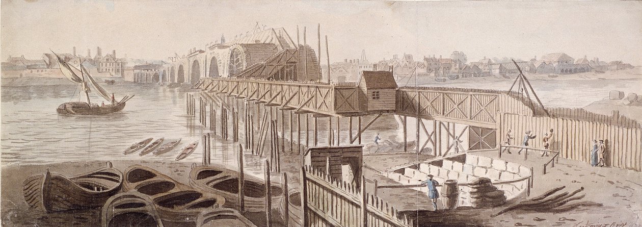 Budowa mostu Blackfriars, ok. 1762 r. autorstwa Francis Grose