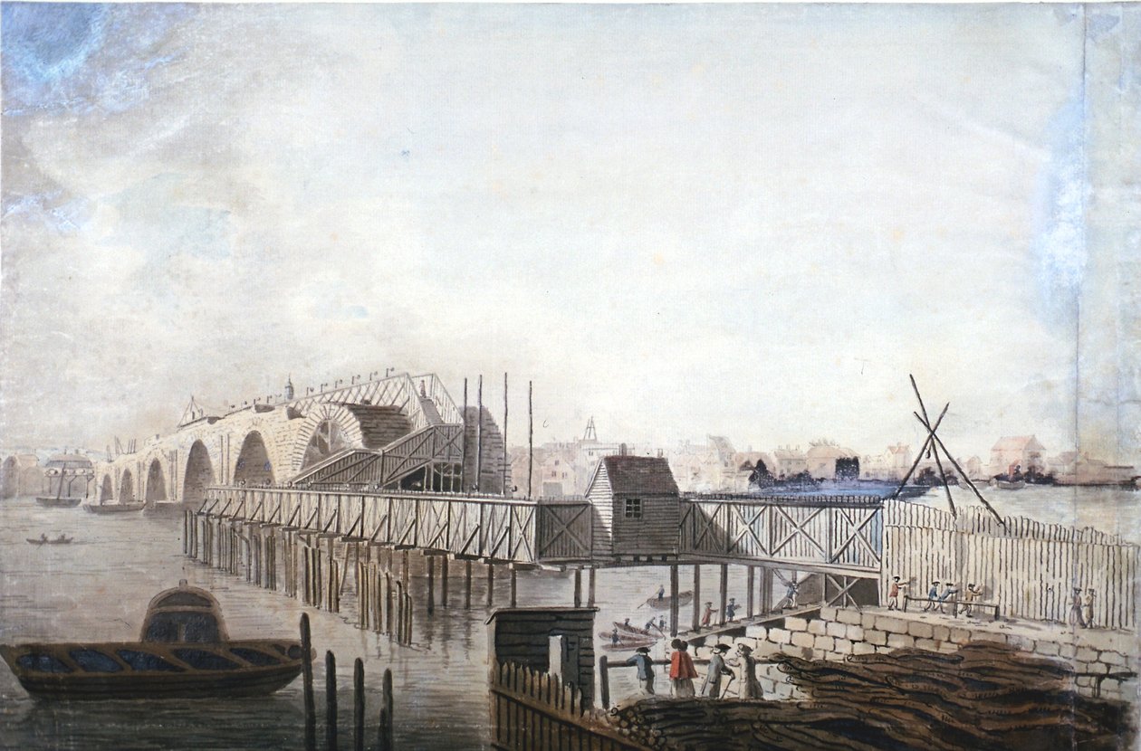 Widok na tymczasowy most w Blackfriars, Londyn, 1762 autorstwa Francis Grose