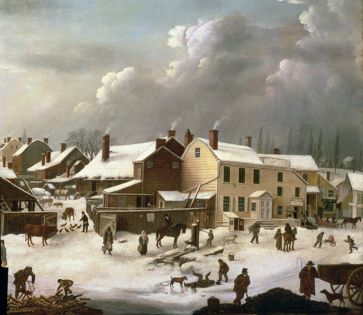 Scena zimowa na Brooklynie, fragment ulicy i Urzędu Pocztowego, ok. 1817-20 (detal z 84498) autorstwa Francis Guy