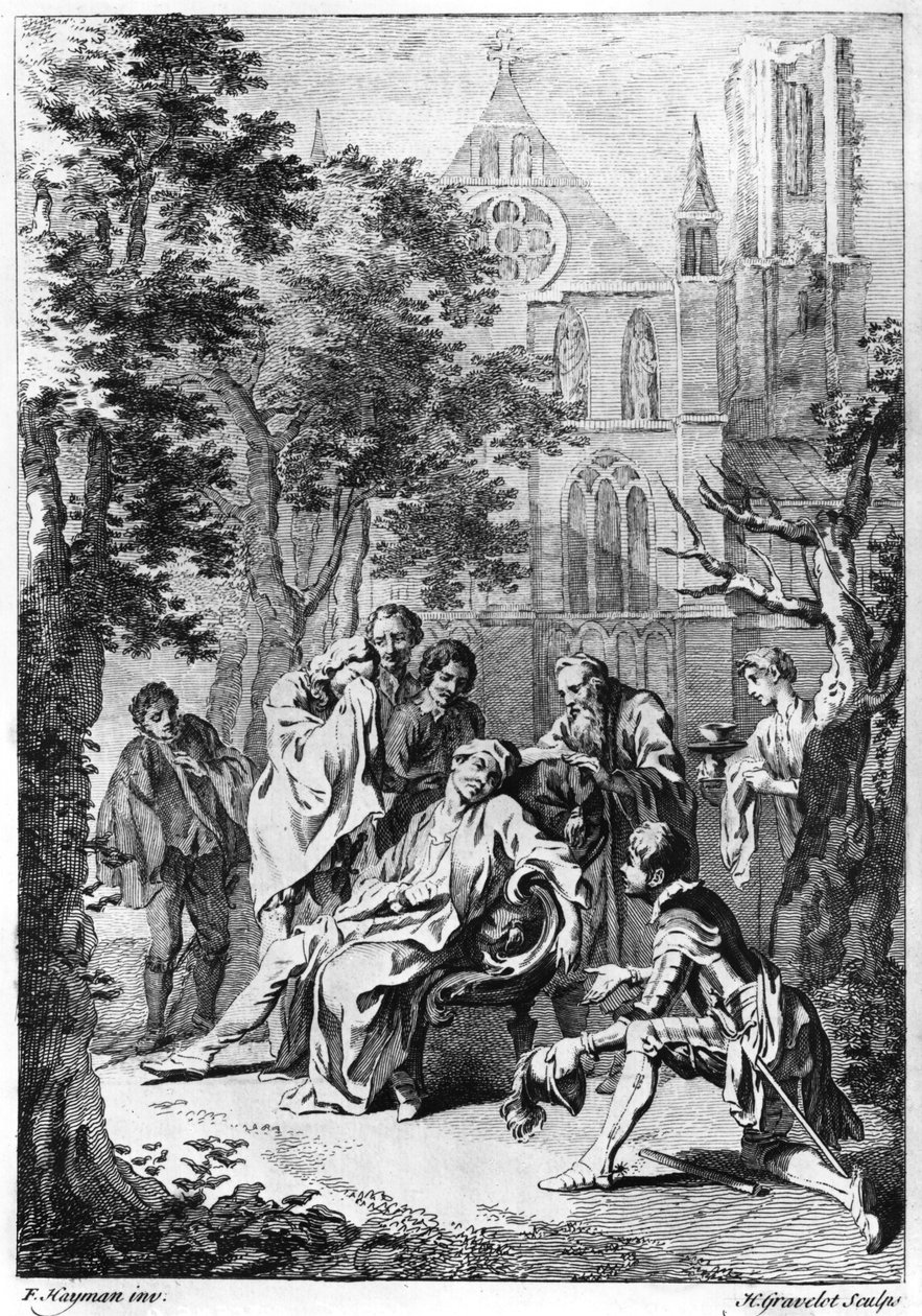 د ولیم شکسپیر (1564-1616) لخوا د "کنګ جان" څخه د عمل V صحنه vii د هوبرټ ګریلوټ (1699-1773) پولی لخوا نقاش شوی autorstwa Francis Hayman