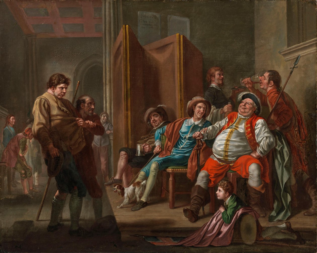 Falstaff werbuje żołnierzy z „Henryka IV”, części II, aktu III Szekspira autorstwa Francis Hayman