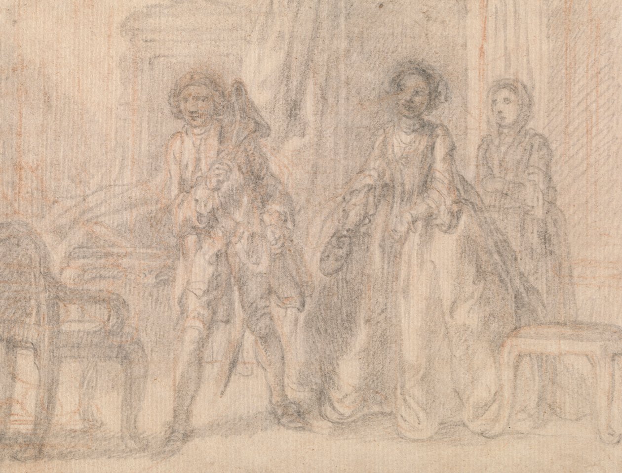 Cena de uma peça, possivelmente o polimento de "The Suspicious Husband" de Benjamin Hoadley autorstwa Francis Hayman