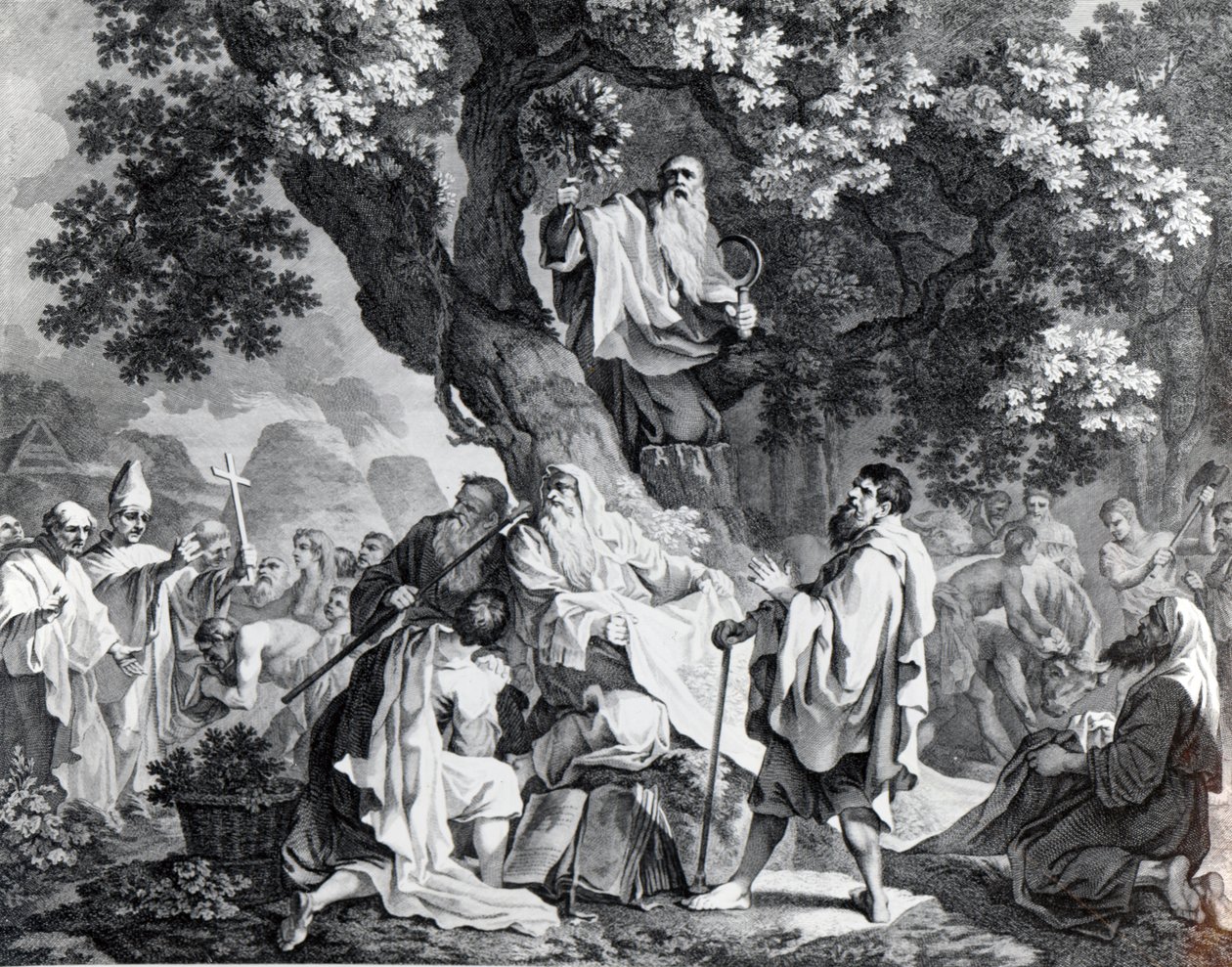 Druidzi, czyli nawrócenie Brytyjczyków na chrześcijaństwo, rycina Simon Francois Ravenet, wydrukowana w 1778 roku autorstwa Francis Hayman