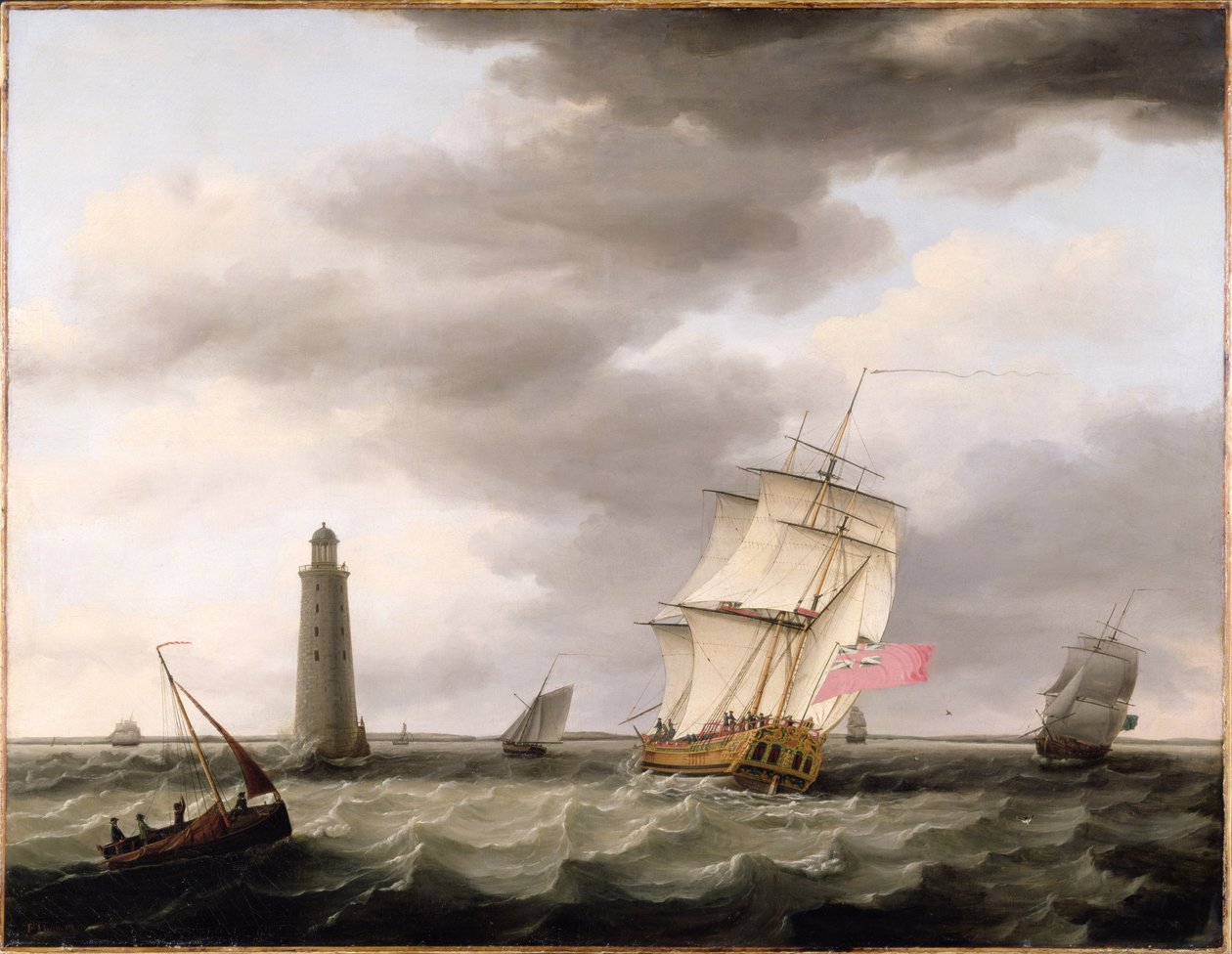 Człowiek wojny przechodzący obok latarni Eddystone, ok. 1773 r. autorstwa Francis Holman