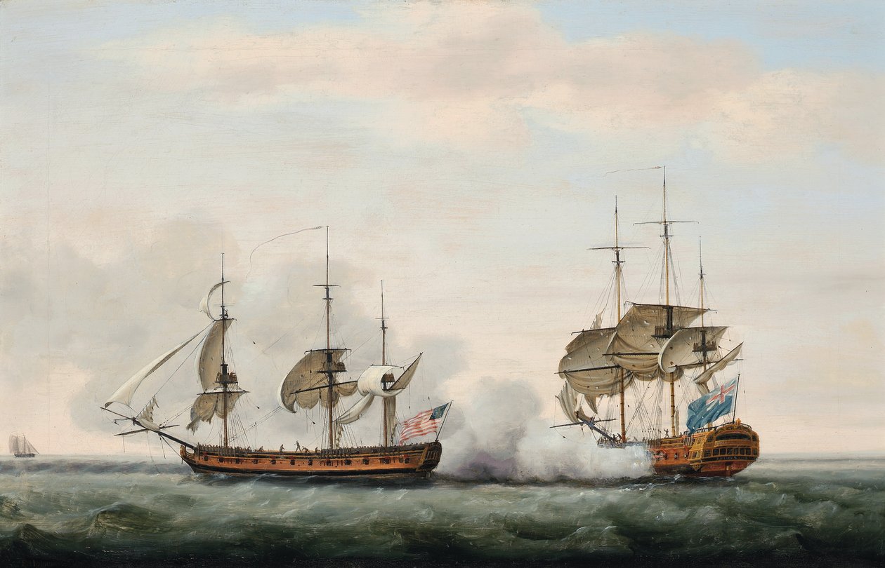 Statek Kompanii Wschodnioindyjskiej Bridgewater skutecznie bronił swojego ładunku przed atakiem amerykańskiego korsarza Hampdena w drodze z St. Helena do Anglii 8 marca 1779 r. autorstwa Francis Holman