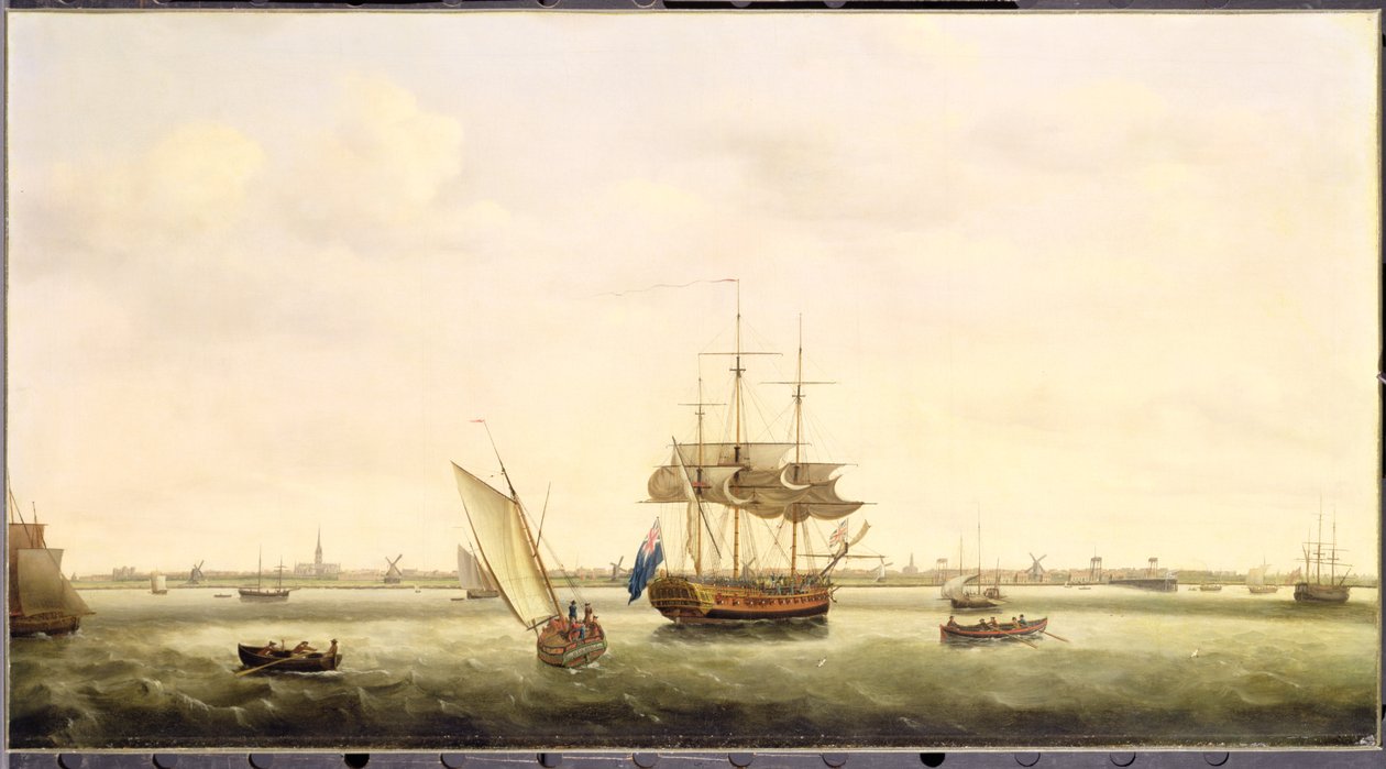 Fregata „Niespodzianka” w Anchor off Great Yarmouth, Norfolk, ok. 1775 autorstwa Francis Holman