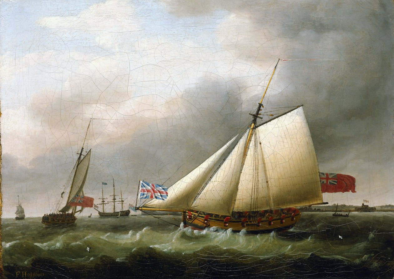 Statek "Fly" i inne statki, na południe od Downs (Anglia), z flagą Union Jack. Olej na płótnie autorstwa Francis Holman