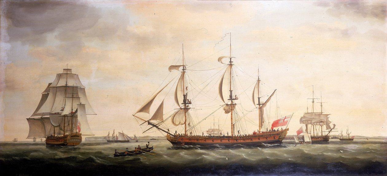 Trzy widoki indyjskiego statku "Royal Saint Georges" w Downs, u wybrzeży Kent (Anglia). Olej na płótnie autorstwa Francis Holman