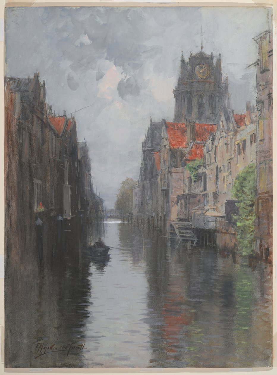 Za Groote Kirk, Dordrecht, ok. 1880 (toaleta na węglu na tekturze) autorstwa Francis Hopkinson Smith