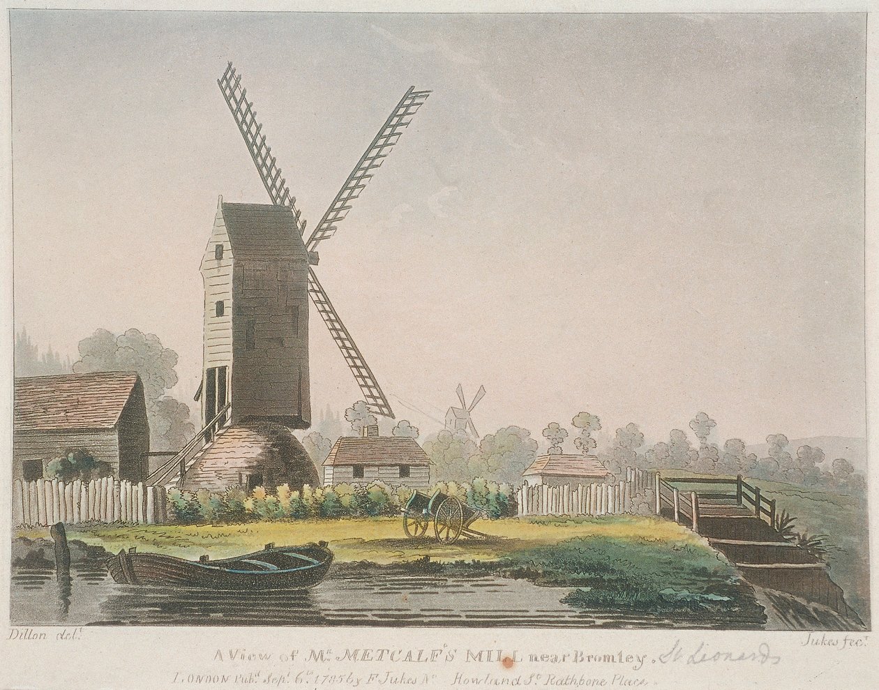 „Widok na młyn pana Metcalfa w pobliżu Bromley”, Bow, Topola, Londyn, 1785 autorstwa Francis Jukes