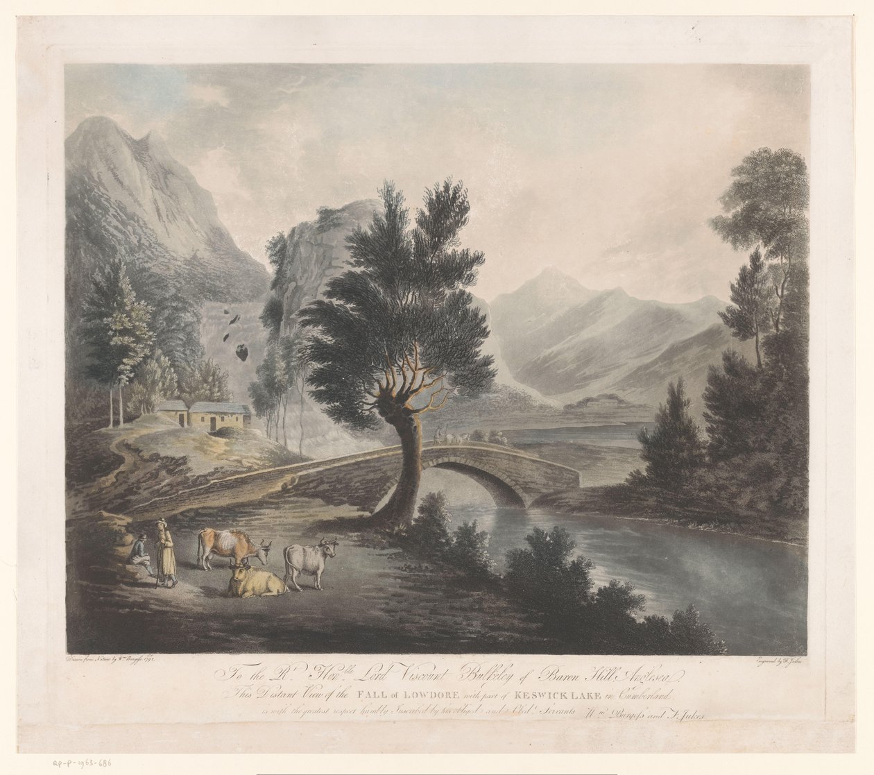 Widok na jezioro Keswick z wodospadami Lodore Odległy widok na upadek Lowdore z częścią jeziora Keswick w Cumberland (tytuł na obiekcie) autorstwa Francis Jukes