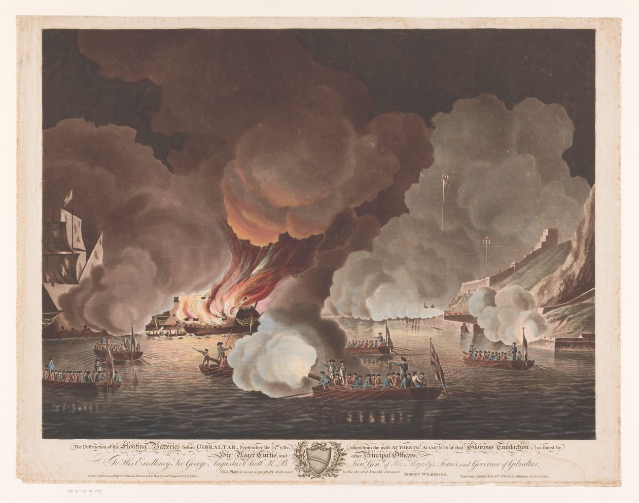 Zniszczenie statków u wybrzeży Gibraltaru, 14 września 1782 r. Zniszczenie pływających baterii przed Gibraltarem, 14 września 1782 (...) (tytuł na obiekcie) autorstwa Francis Jukes