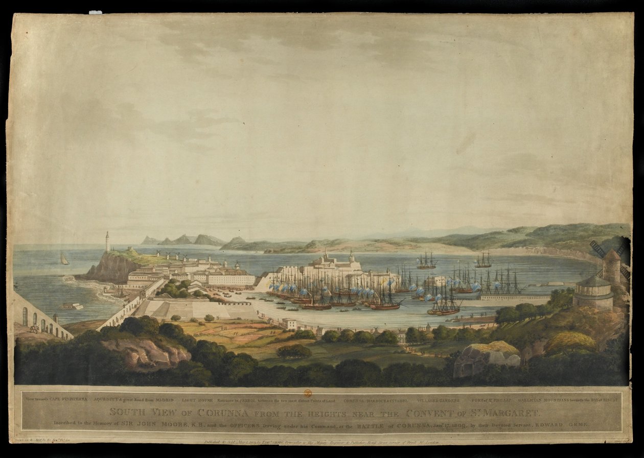 Widok południowy Coruny ze wzgórz w pobliżu klasztoru św. Małgorzaty sztychowany przez H. Merke, opublikowany w 1809 r. (akwatinta kolorowa) autorstwa Francis Lee