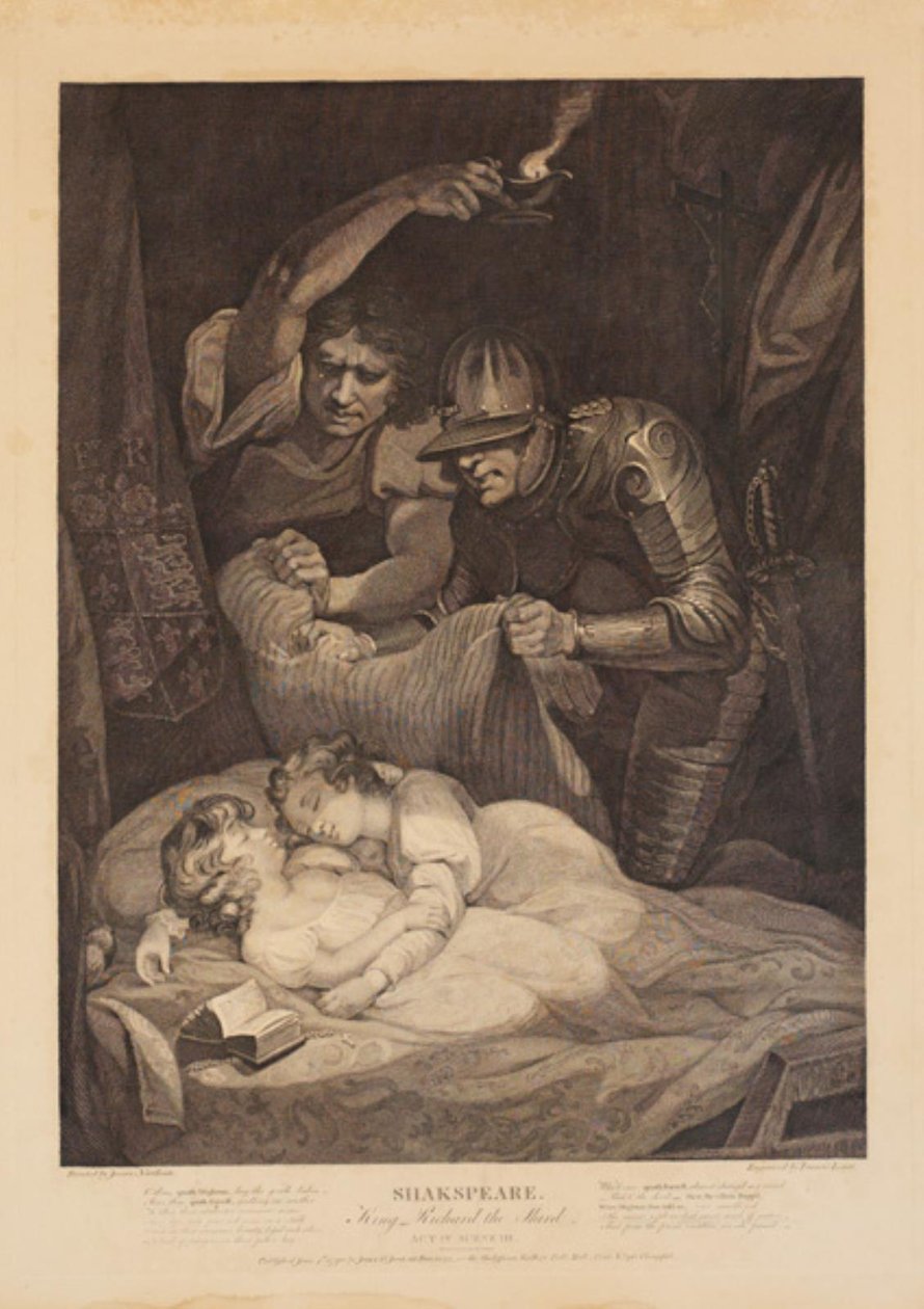 O assassinato de Edward V e seu irmão mais novo, o Duque de York. De "Richard III" de William Shakespeare, Ato 4, polimento de 3 cenas autorstwa Francis Legat