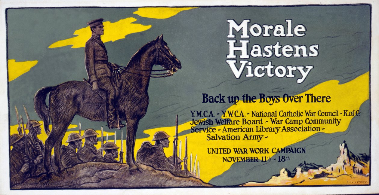 Morale przyspiesza Zwycięstwo - Wspieraj tam chłopców Kampania Zjednoczonej Roboty Wojennej, 11-18 listopada, wyd. 1918 autorstwa Francis Luis Mora