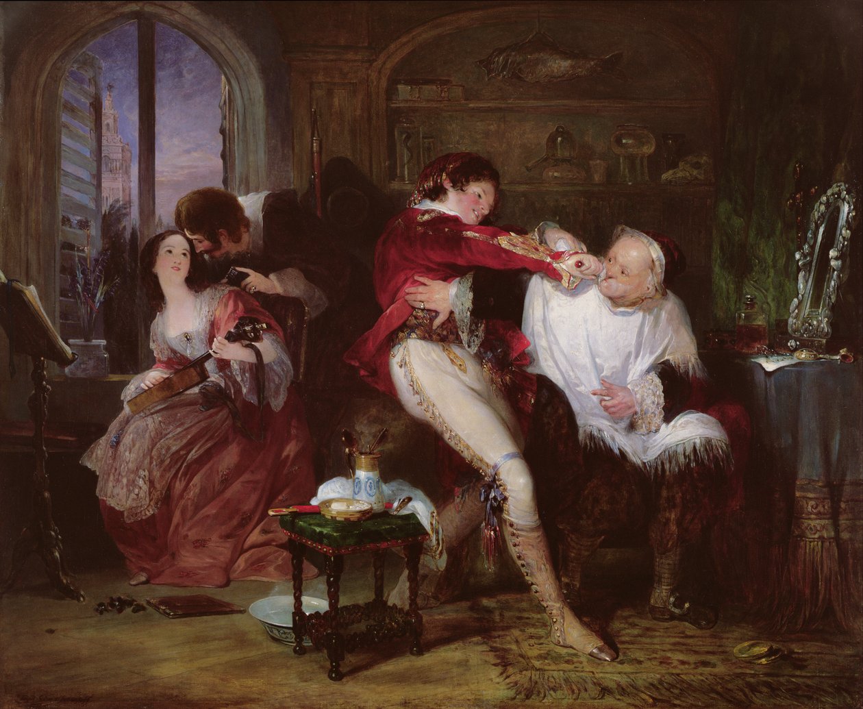 W Domu doktora Bartolo, scena z komedii Beaumarchais Cyrulik sewilski, ok.1834 autorstwa Francis Phillip Stephanoff