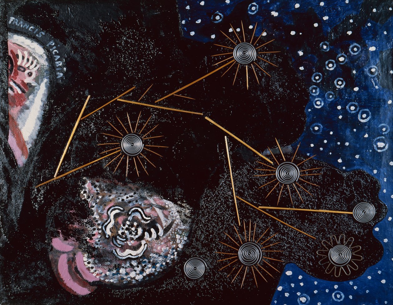 Flirt (ripolina, wykałaczki, słomki, zszywki i drut ołowiany na płótnie) autorstwa Francis Picabia