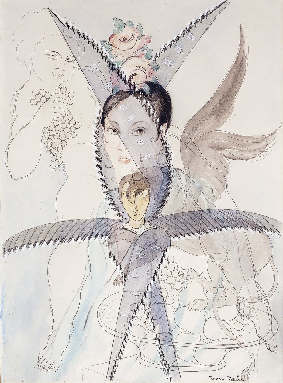 Transparencja - Głowa i skrzydlaty koń; Transparence - Tete et Cheval Aile, ok. 1928 (akwarela, gwasz, czarna kreda i ołówek na papierze) autorstwa Francis Picabia