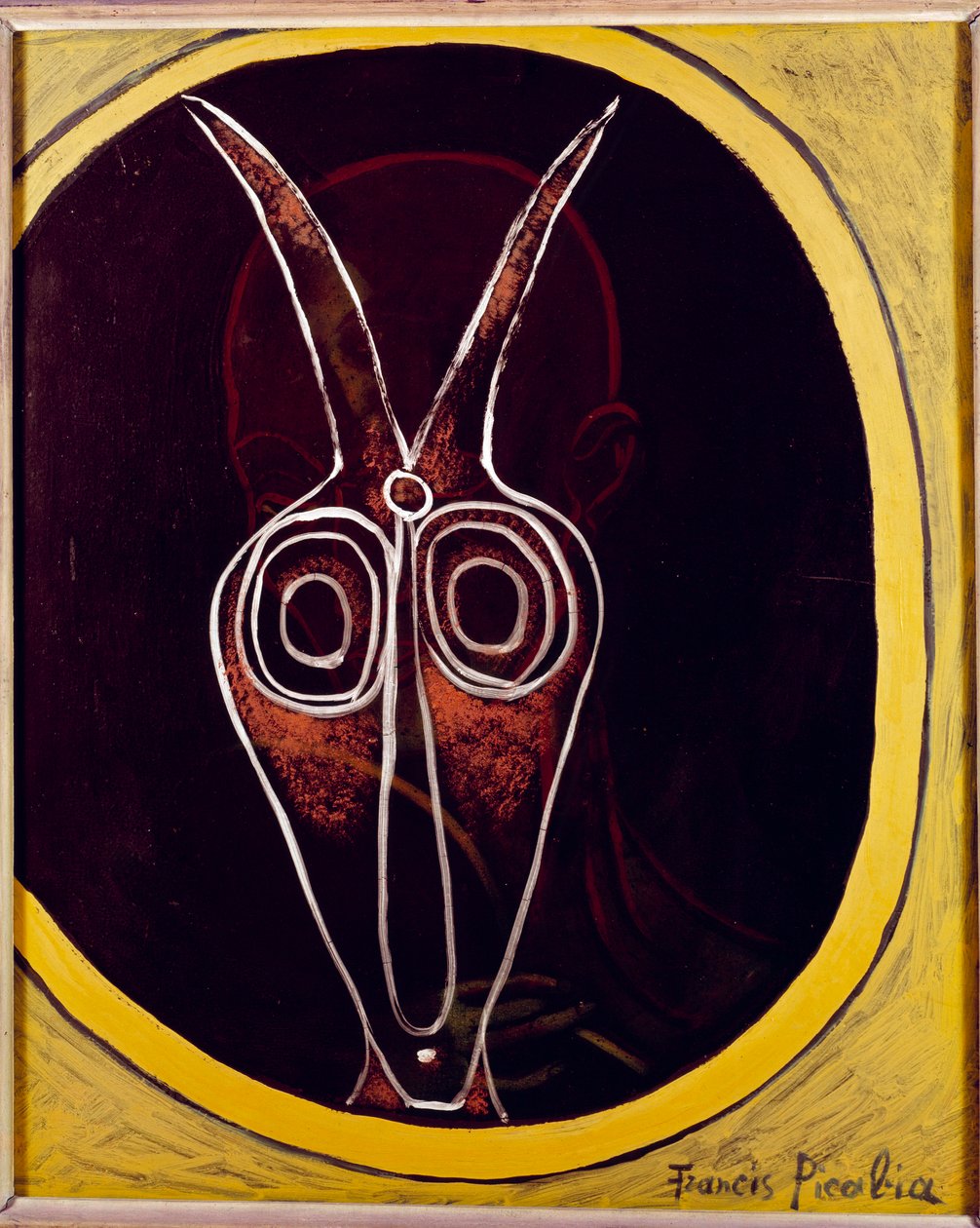 Przezroczystość. Twarz człowieka i głowa zwierzęcia z nałożonym rogiem, XX wiek (olej na płótnie) autorstwa Francis Picabia